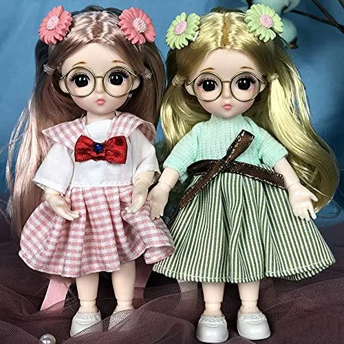 1/12 Ball Jointed Long Hair Doll 6 Inch,13 Jointed Doll 17 cm Little Princess Suit Clothes Shoes Accessory Lovely Children Toy Girl Present (Pink Dress   Green Dress)