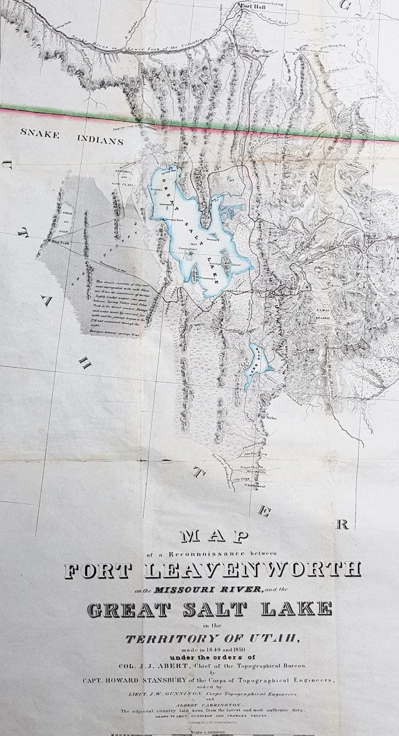 1852 Howard Stansbury Large Antique Map Forth Leavenworth, KS to Salt Lake, Utah