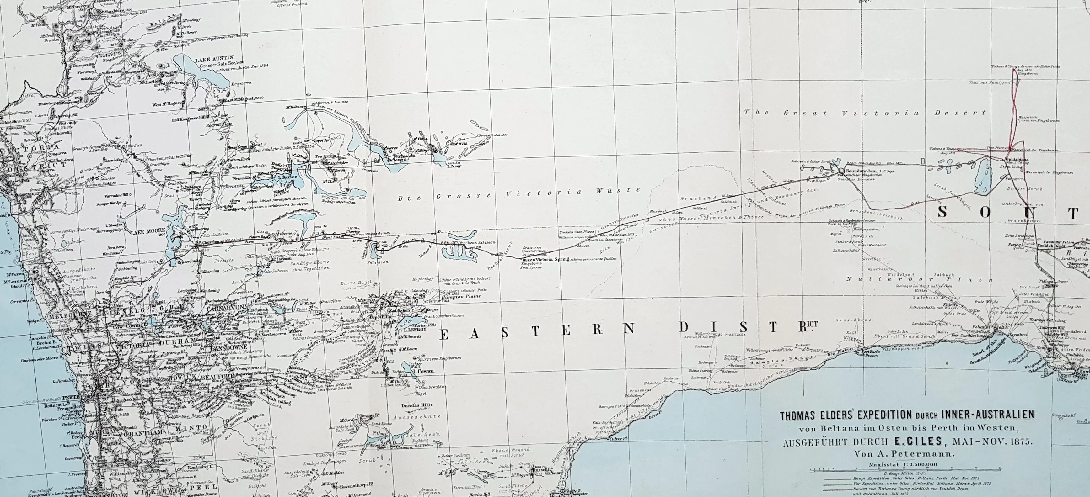 1876 Petermann Antique Map Expedition Ernest Giles Western & South Australia, 1875