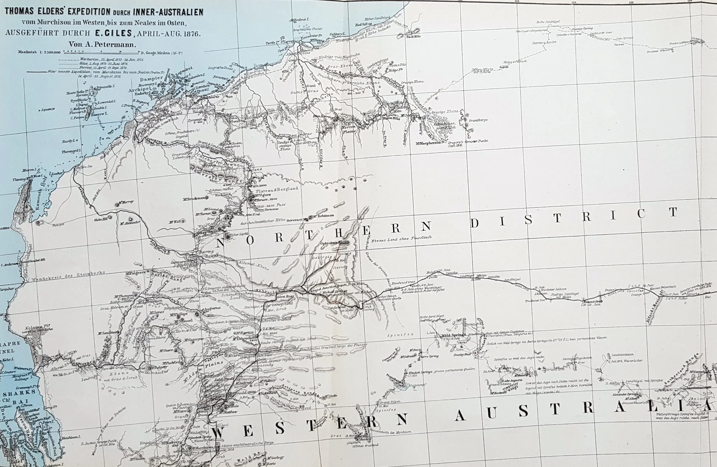 1877 Petermann Antique Map Expedition of Ernest Giles Western & South Australia in 1876