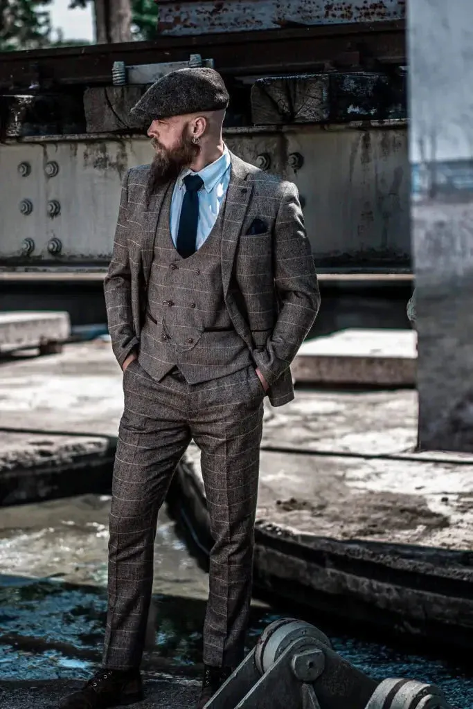 3-Piece Suit Double Breasted, Herringbone Brown Classic