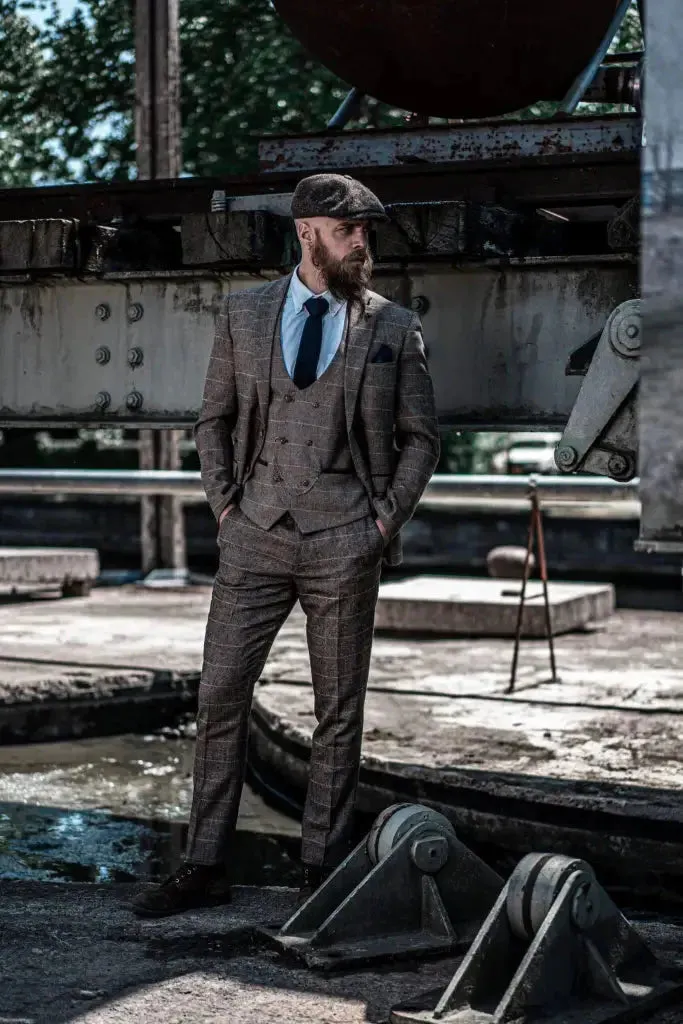 3-Piece Suit Double Breasted, Herringbone Brown Classic