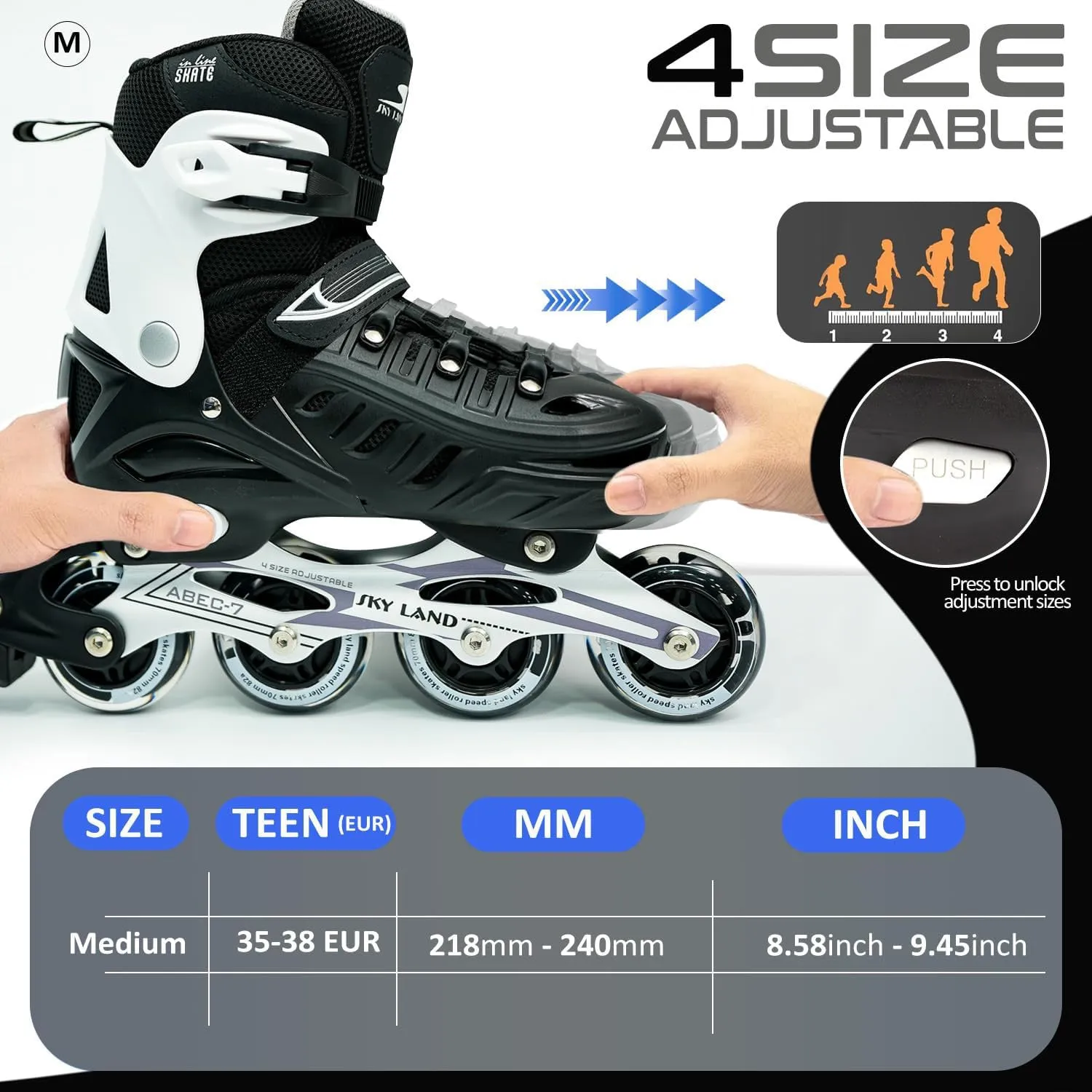 Adjustable Inline Skates with 8 Illuminated Wheels TMX-028-M Comfortable and Safe Roller Skates for Kids & Teens