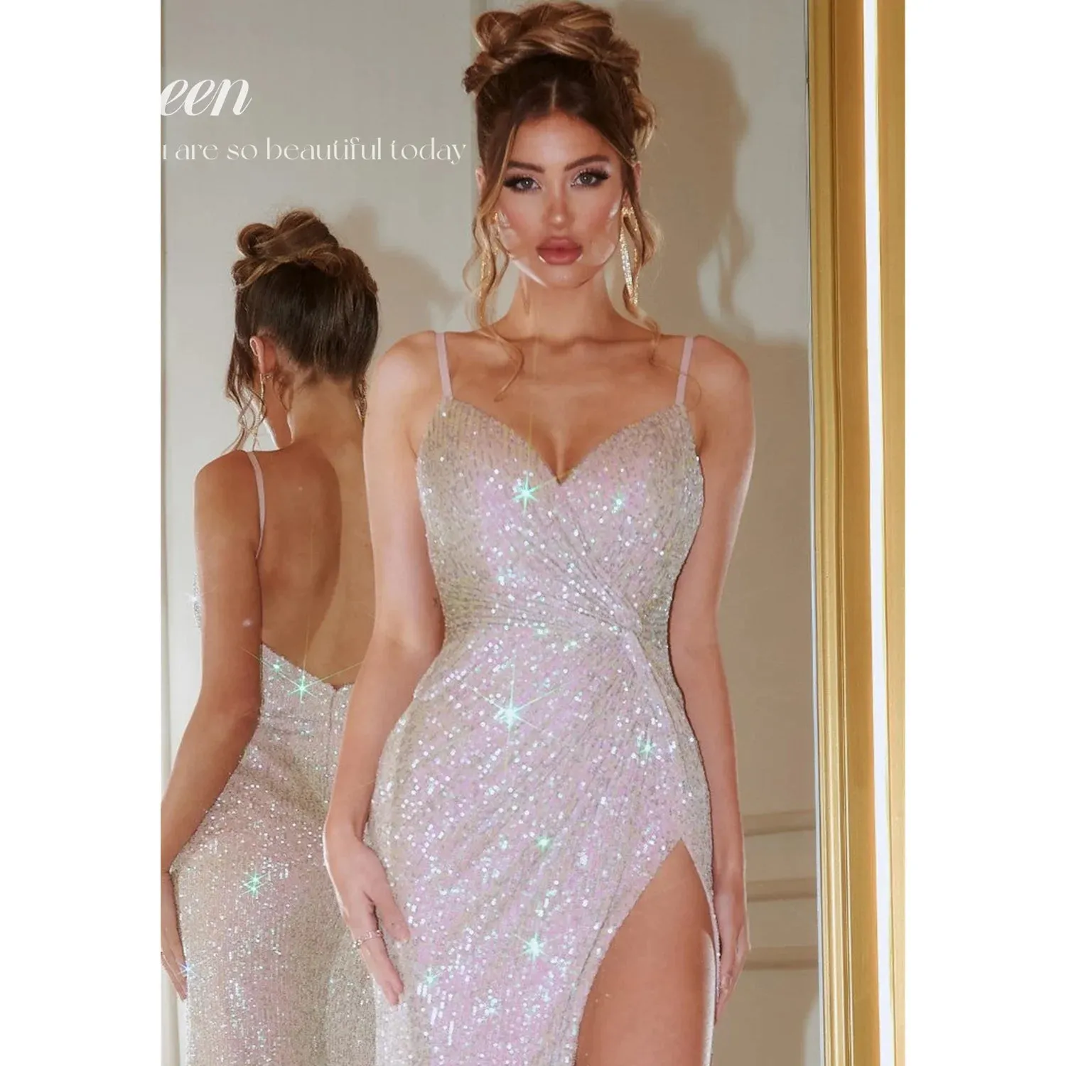 Aileen V-neck Long Luxury Evening Dresses Women Formal Occasion Dresses Shiny Robe Wedding Party Dress for Women Ball Gown