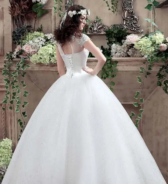 Ball Gown Cap Sleeve V Neck Open Back Lace Appliques Sequins Tulle Wedding Dress N1231