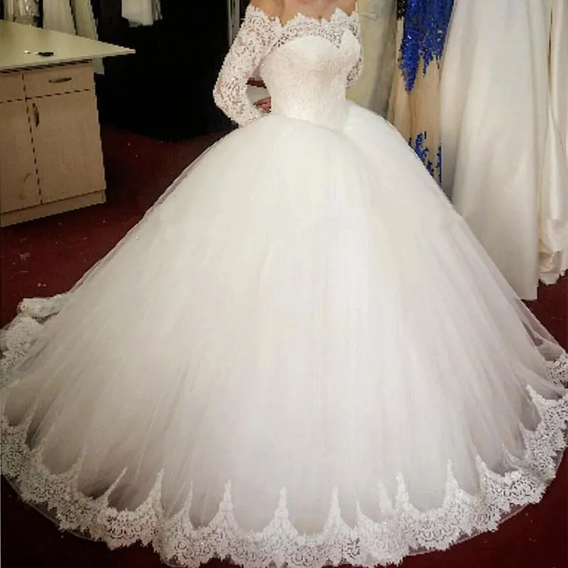 Ball Gown Long Sleeve Wedding Dress With Lace Off the Shoulder Tulle Bridal Dress N1113