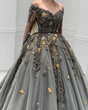 beaded prom dresses, ball gown prom dresses, long prom dresses ,grey prom dresses    cg21299