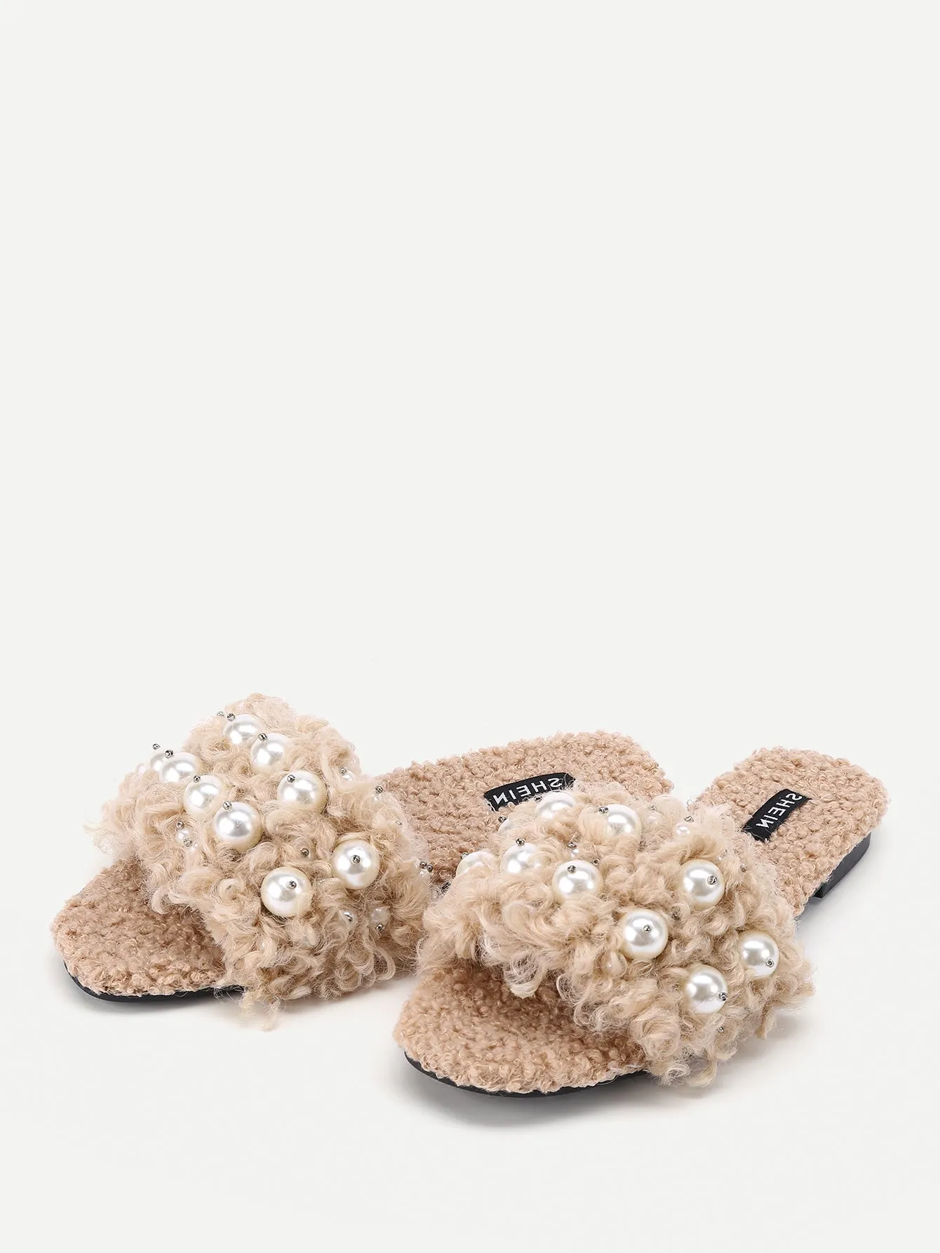 Beatiful Faux Pearl Embellished Fuzzy Sliders