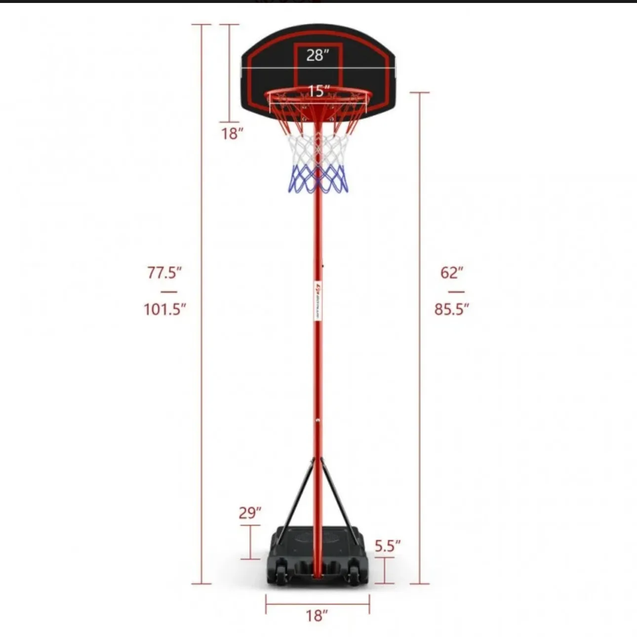 Black & Red Super Cool Portable Basketball Net Hoop With Wheels & Backboard | Adjustable Height | 5FT-7Ft | Heavy Duty | Sturdy Base