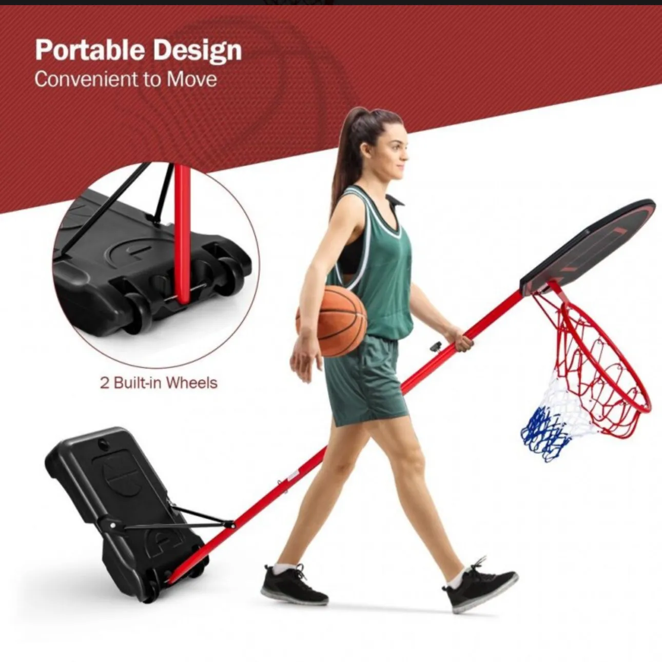 Black & Red Super Cool Portable Basketball Net Hoop With Wheels & Backboard | Adjustable Height | 5FT-7Ft | Heavy Duty | Sturdy Base