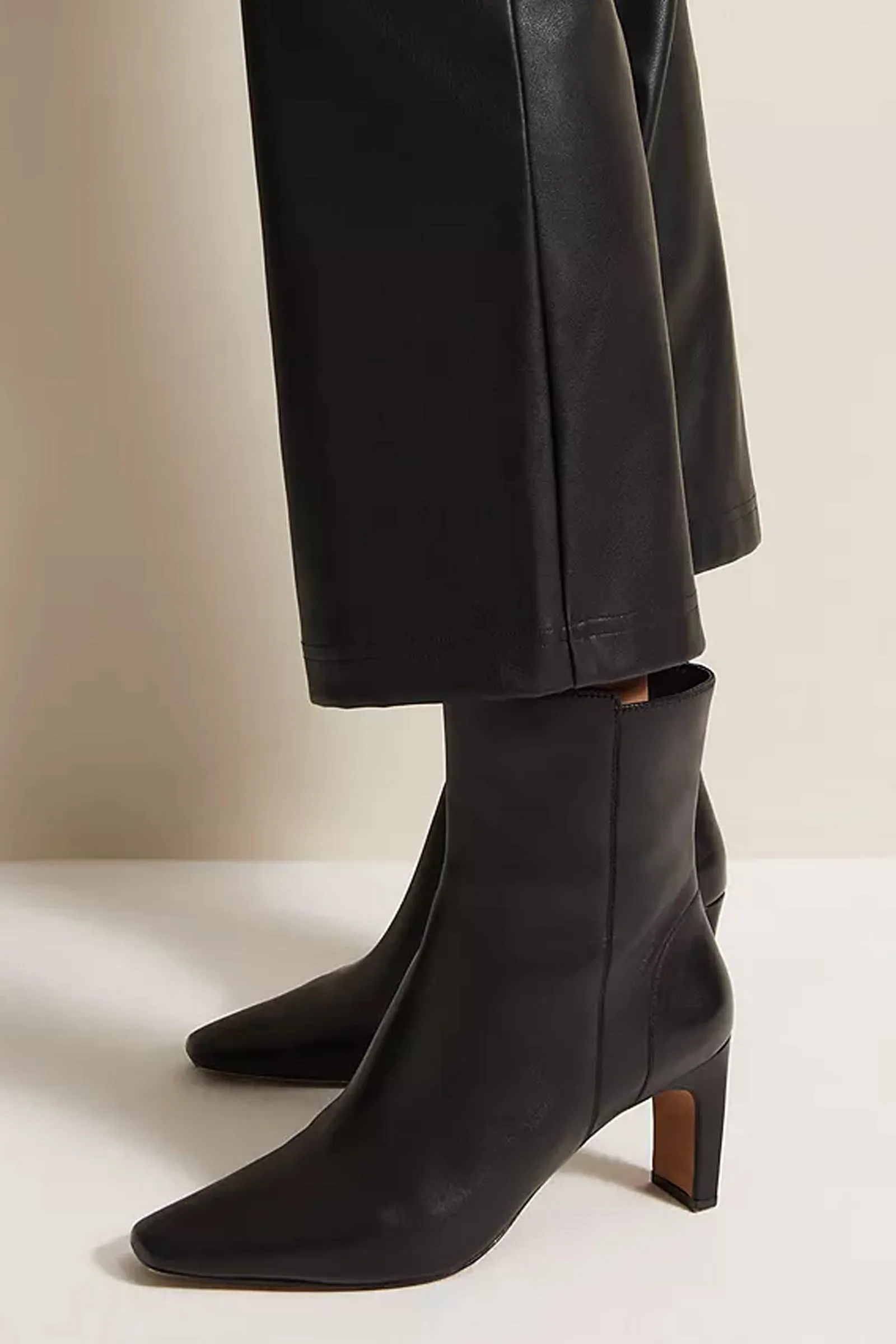 Black Slim Block Heel Leather Ankle Boots