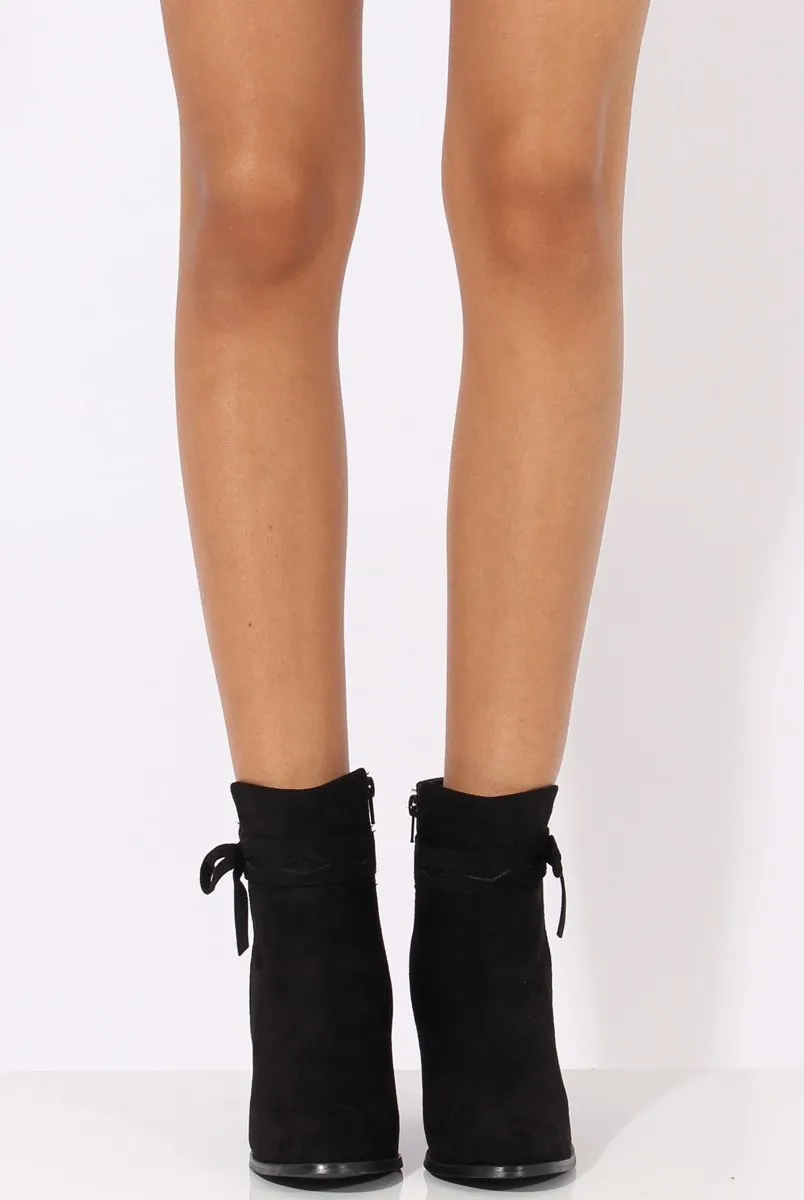 Black Suede Bow Detail Heeled Ankle Boots - Emrata