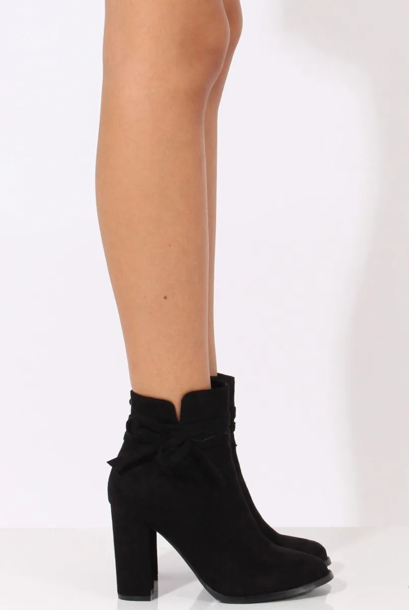 Black Suede Bow Detail Heeled Ankle Boots - Emrata