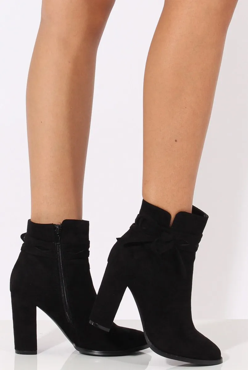 Black Suede Bow Detail Heeled Ankle Boots - Emrata