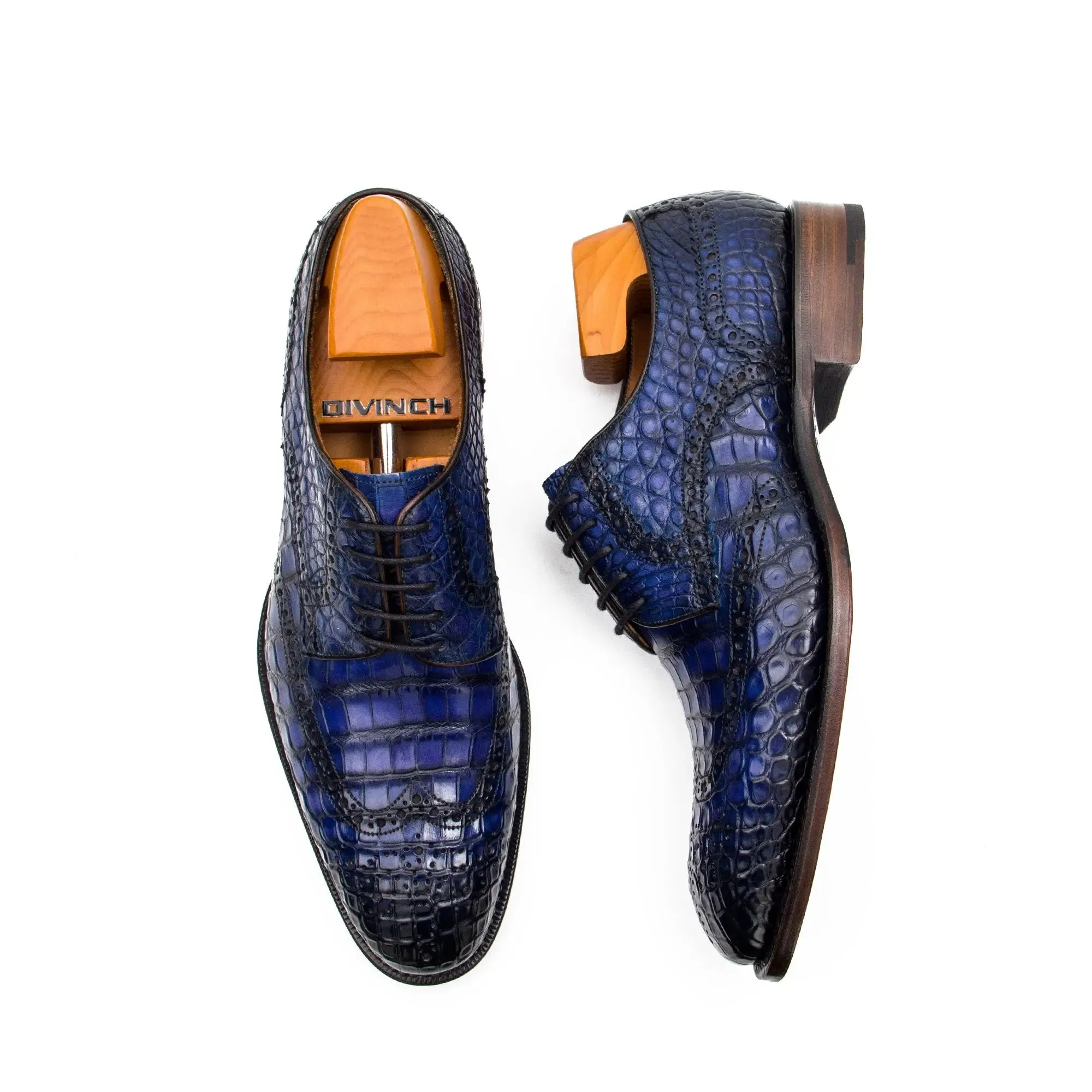 Blue Crocodile Leather Derby Shoes-Blue