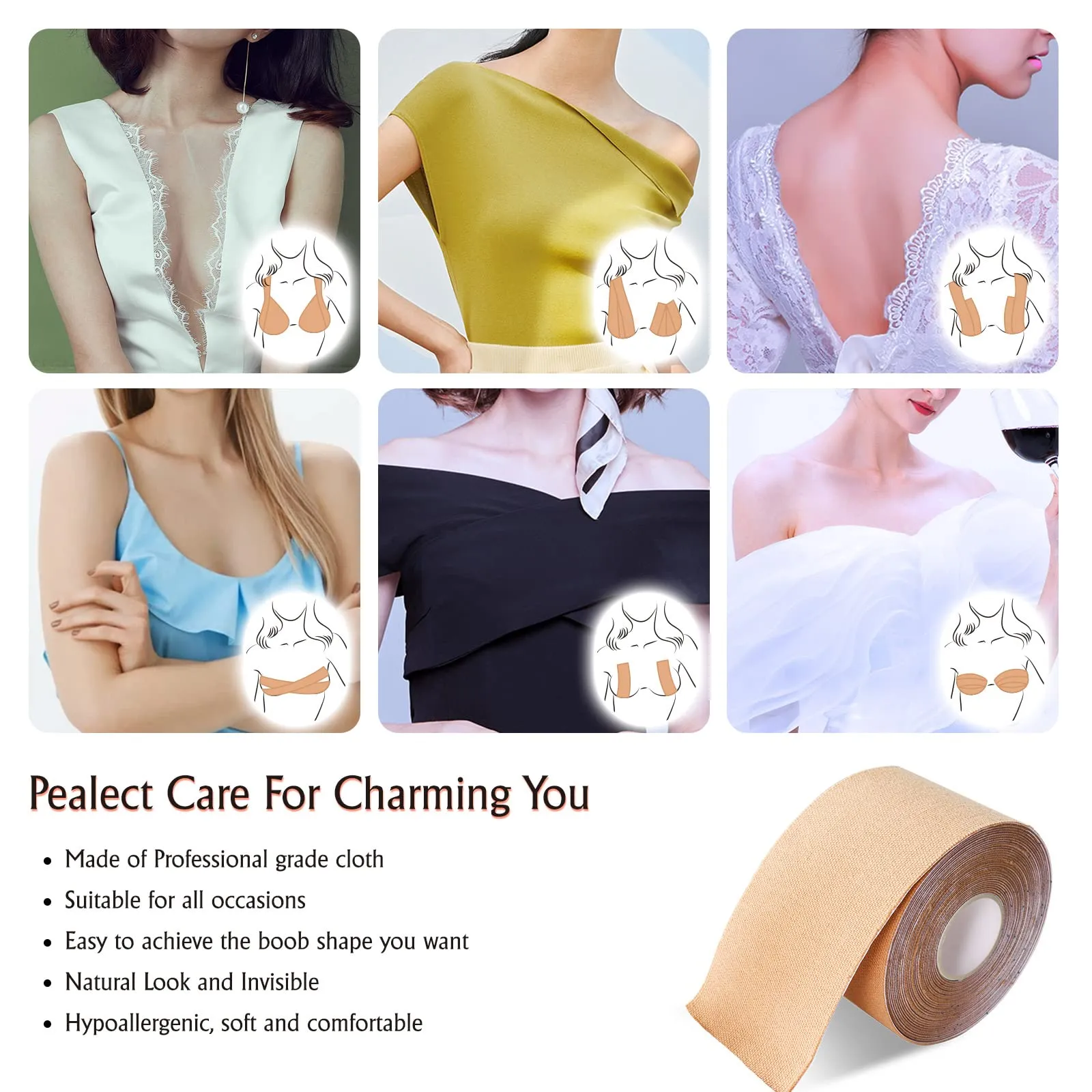 Boob Tape Kit, Breast Lift Tape, Waterproof & Breathable Breast Tape for Large Breasts Lift and Chest Support, with 2 Reusable Silicone Nipple Covers & 40 Pieces Clothing Tapes Beige