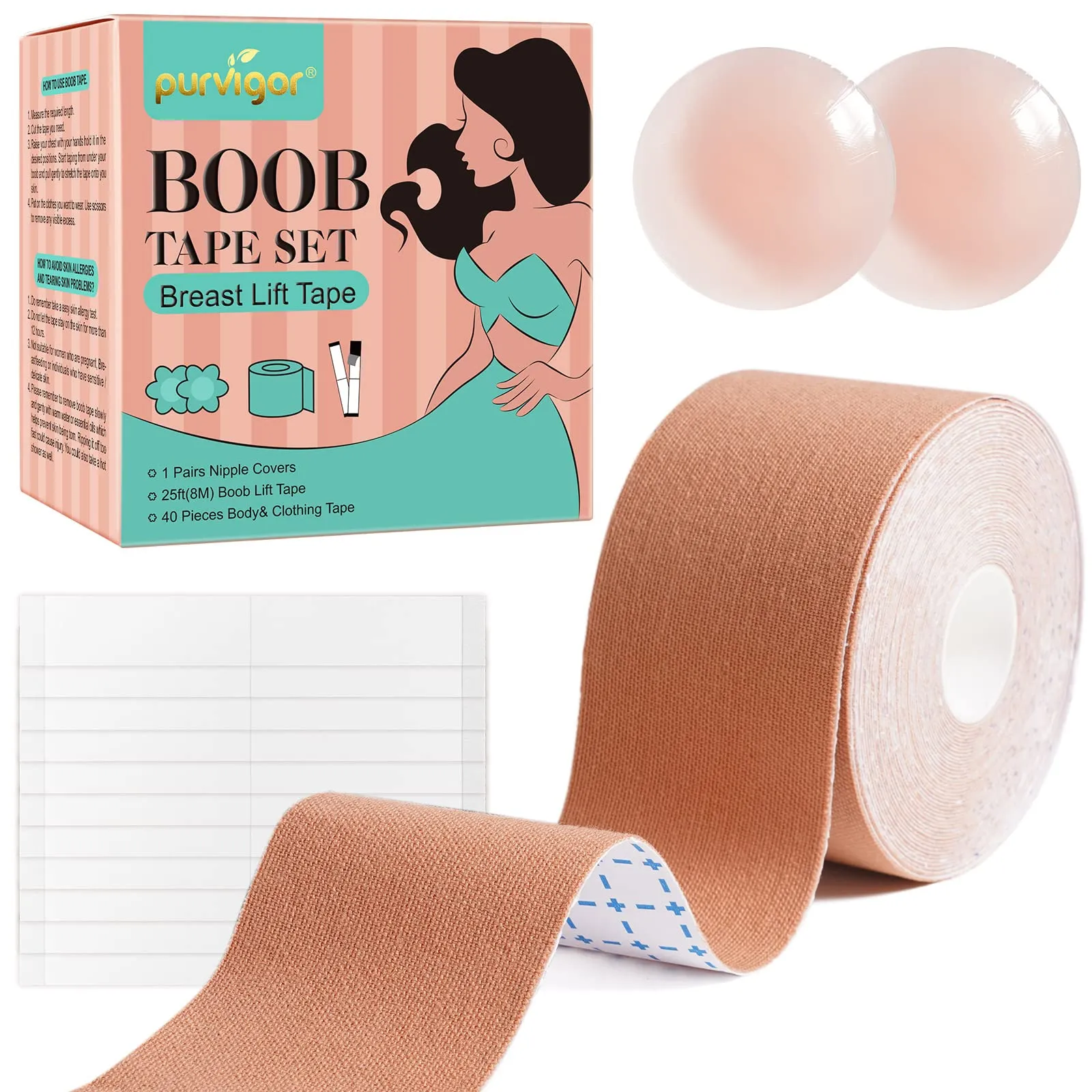 Boob Tape Kit, Breast Lift Tape, Waterproof & Breathable Breast Tape for Large Breasts Lift and Chest Support, with 2 Reusable Silicone Nipple Covers & 40 Pieces Clothing Tapes Beige