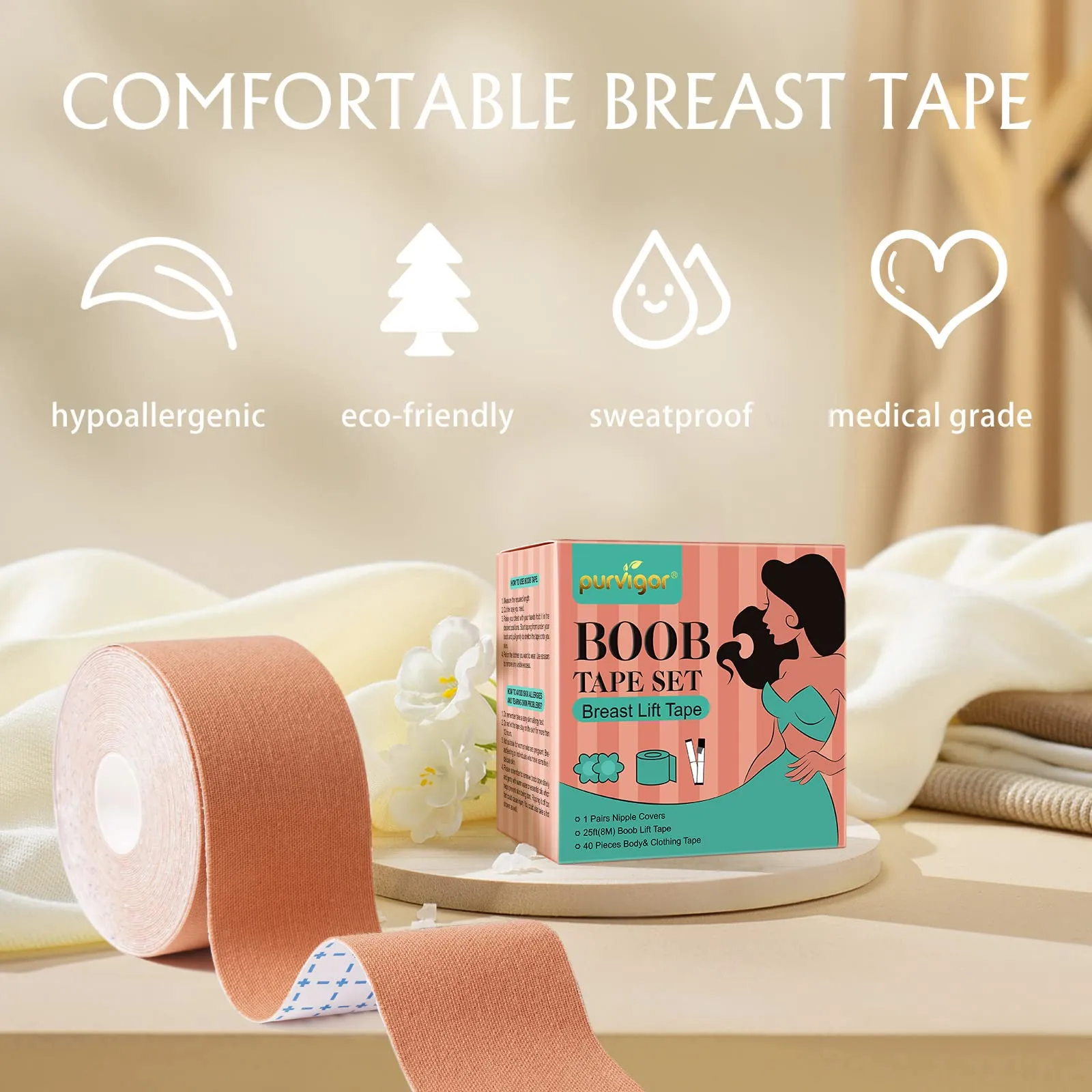 Boob Tape Kit, Breast Lift Tape, Waterproof & Breathable Breast Tape for Large Breasts Lift and Chest Support, with 2 Reusable Silicone Nipple Covers & 40 Pieces Clothing Tapes Beige