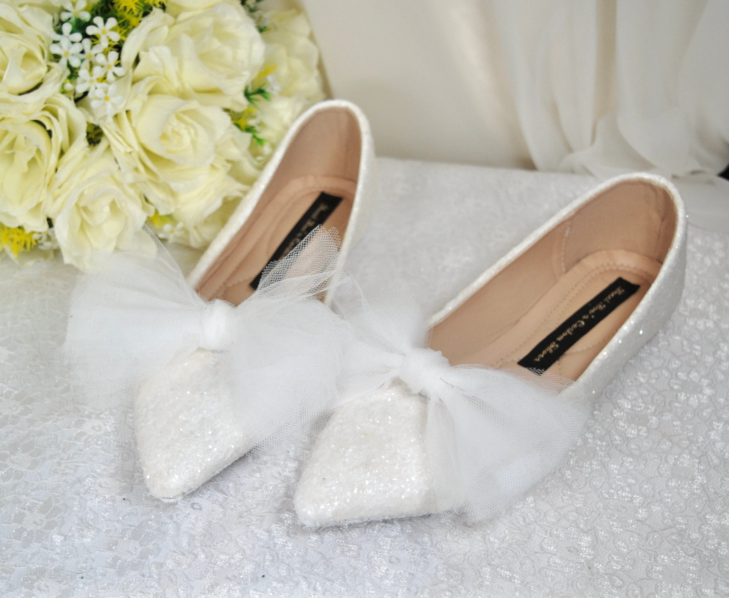 Bridal White Rock Glitter Pointy Toe Flats with Bow