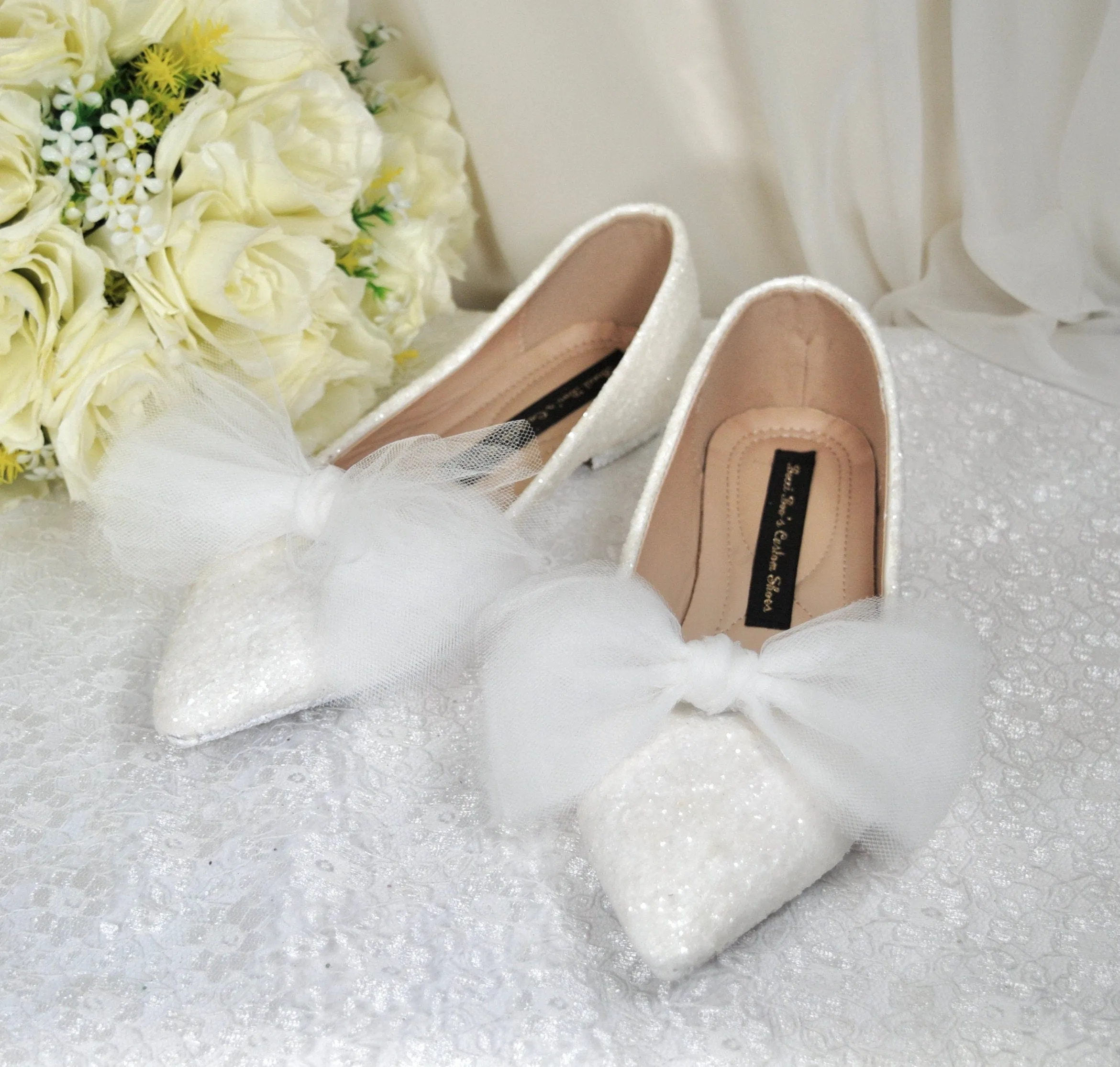 Bridal White Rock Glitter Pointy Toe Flats with Bow