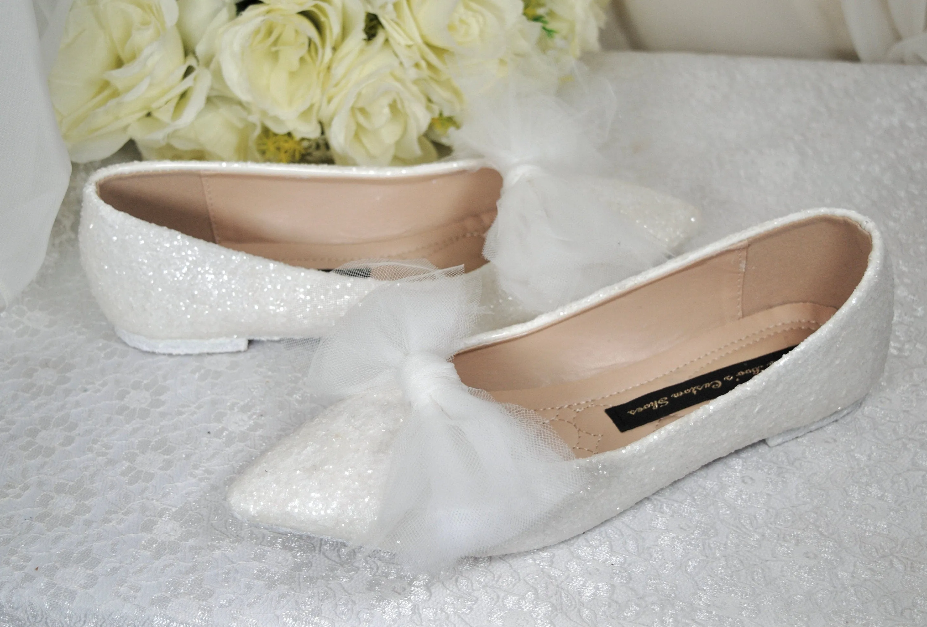 Bridal White Rock Glitter Pointy Toe Flats with Bow