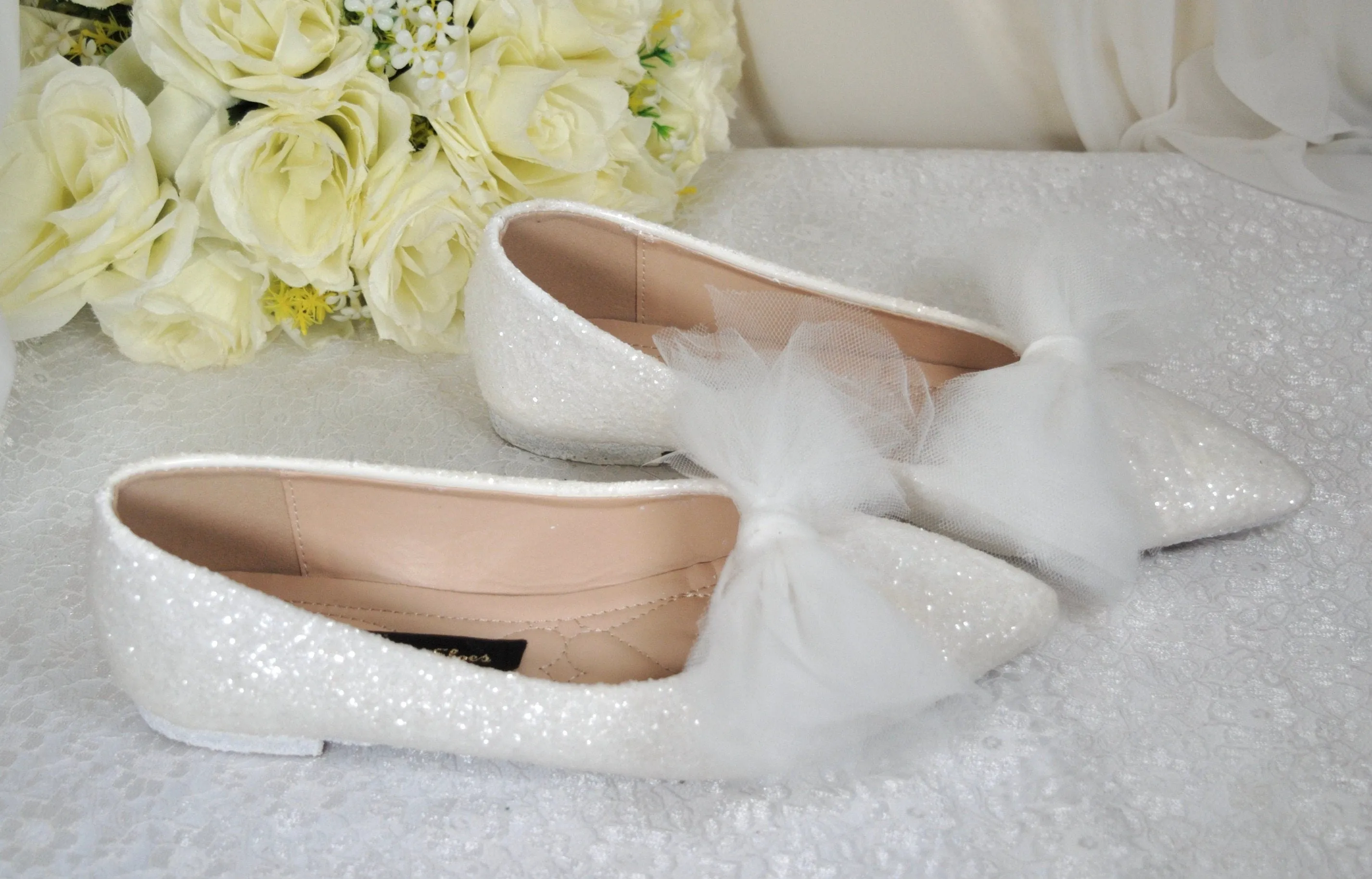 Bridal White Rock Glitter Pointy Toe Flats with Bow