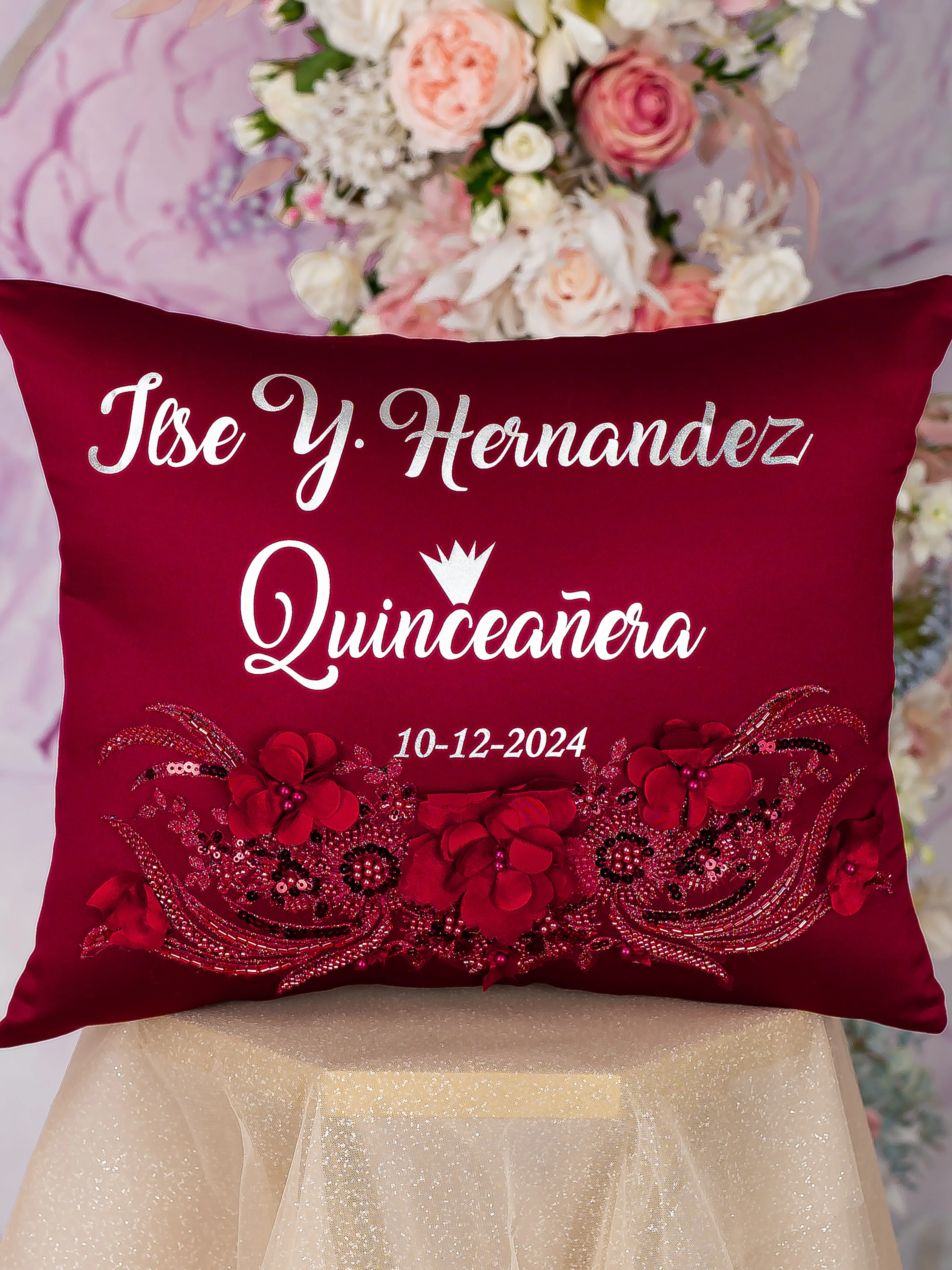 Burgundy silver quinceanera kneeling pillow, shoes pillow