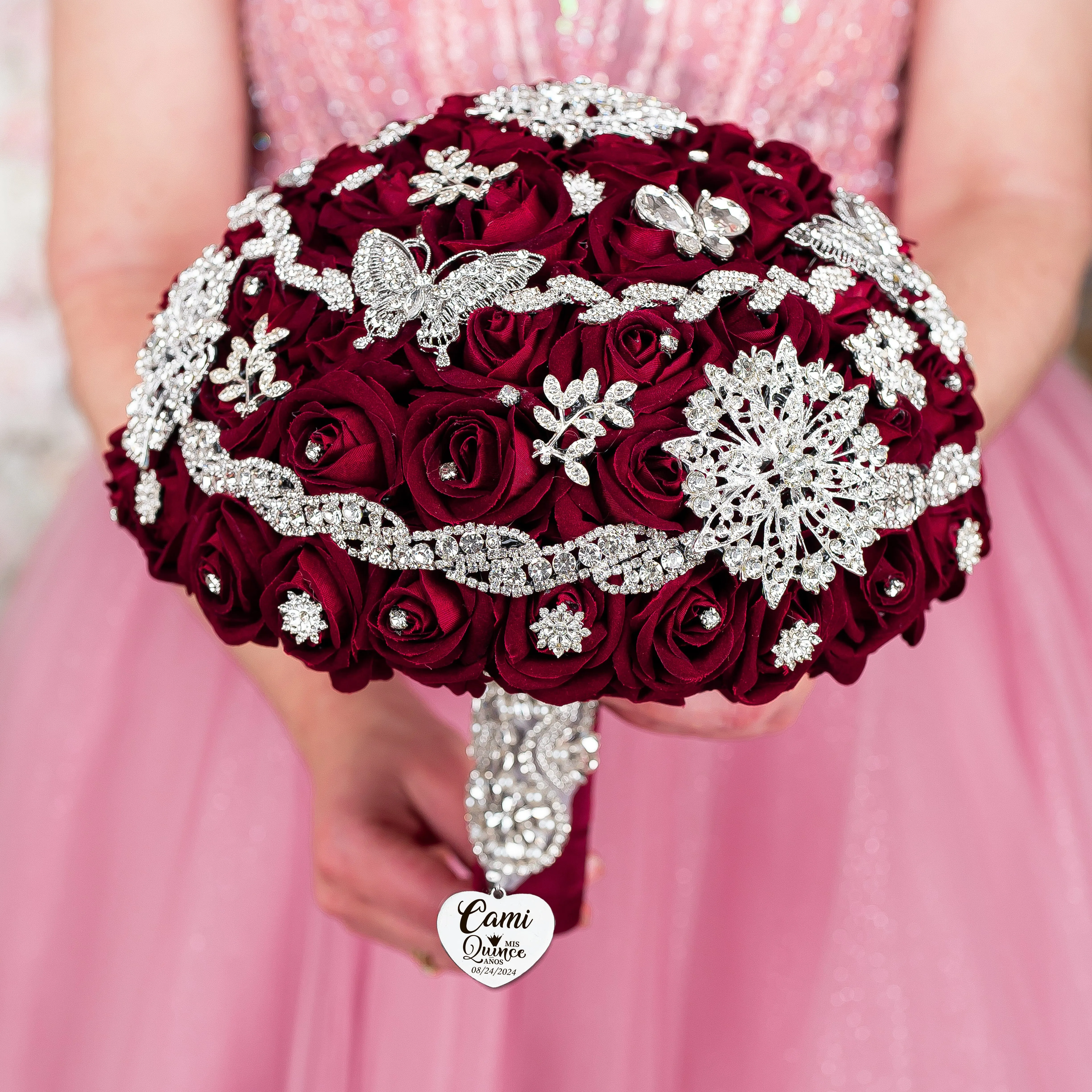 Burgundy silver quinceanera kneeling pillow, shoes pillow