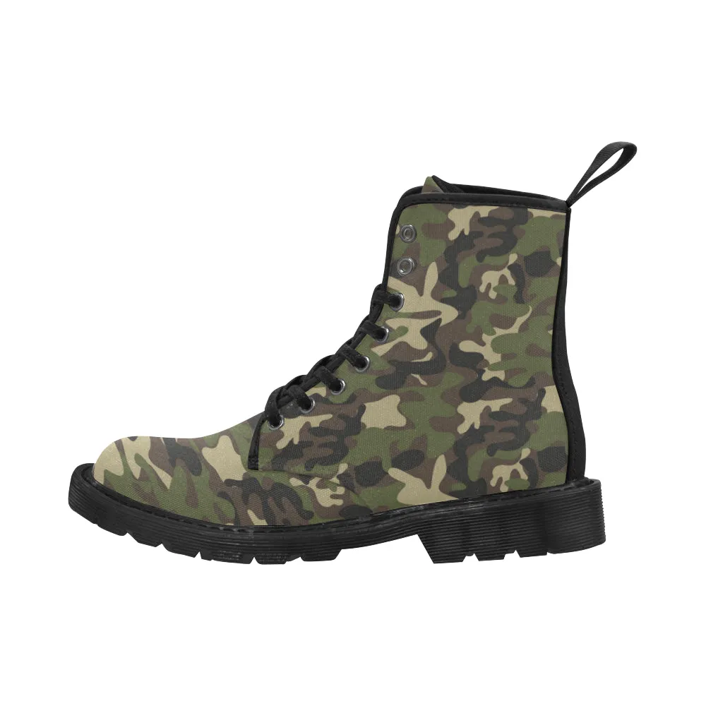 Camo Women's Boots, Green Camouflage Fatigue Vegan Canvas Lace Up Ladies Shoes Black Grey Army Print Ankle Combat Goth Casual Girls Gift