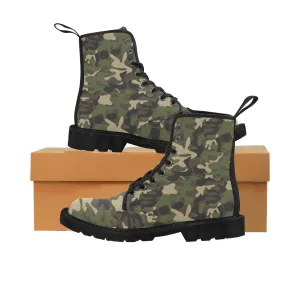 Camo Women's Boots, Green Camouflage Fatigue Vegan Canvas Lace Up Ladies Shoes Black Grey Army Print Ankle Combat Goth Casual Girls Gift