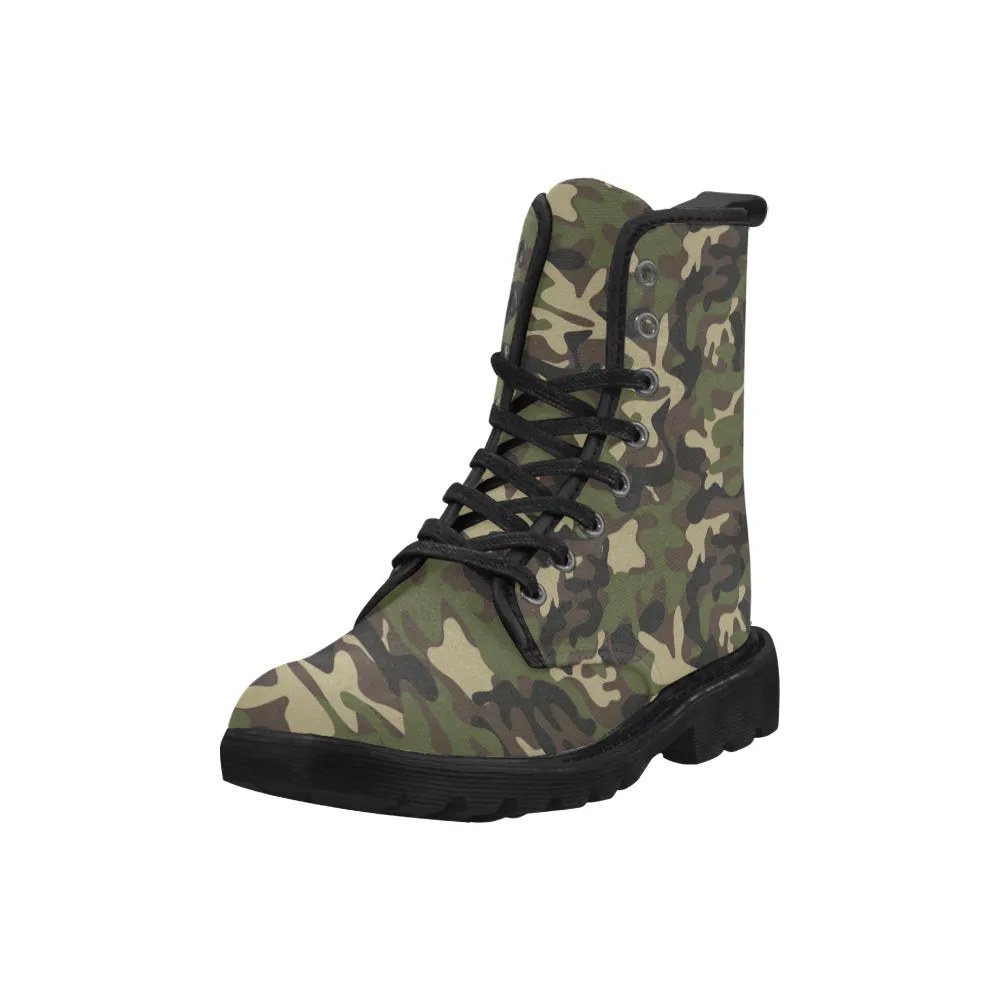 Camo Women's Boots, Green Camouflage Fatigue Vegan Canvas Lace Up Ladies Shoes Black Grey Army Print Ankle Combat Goth Casual Girls Gift