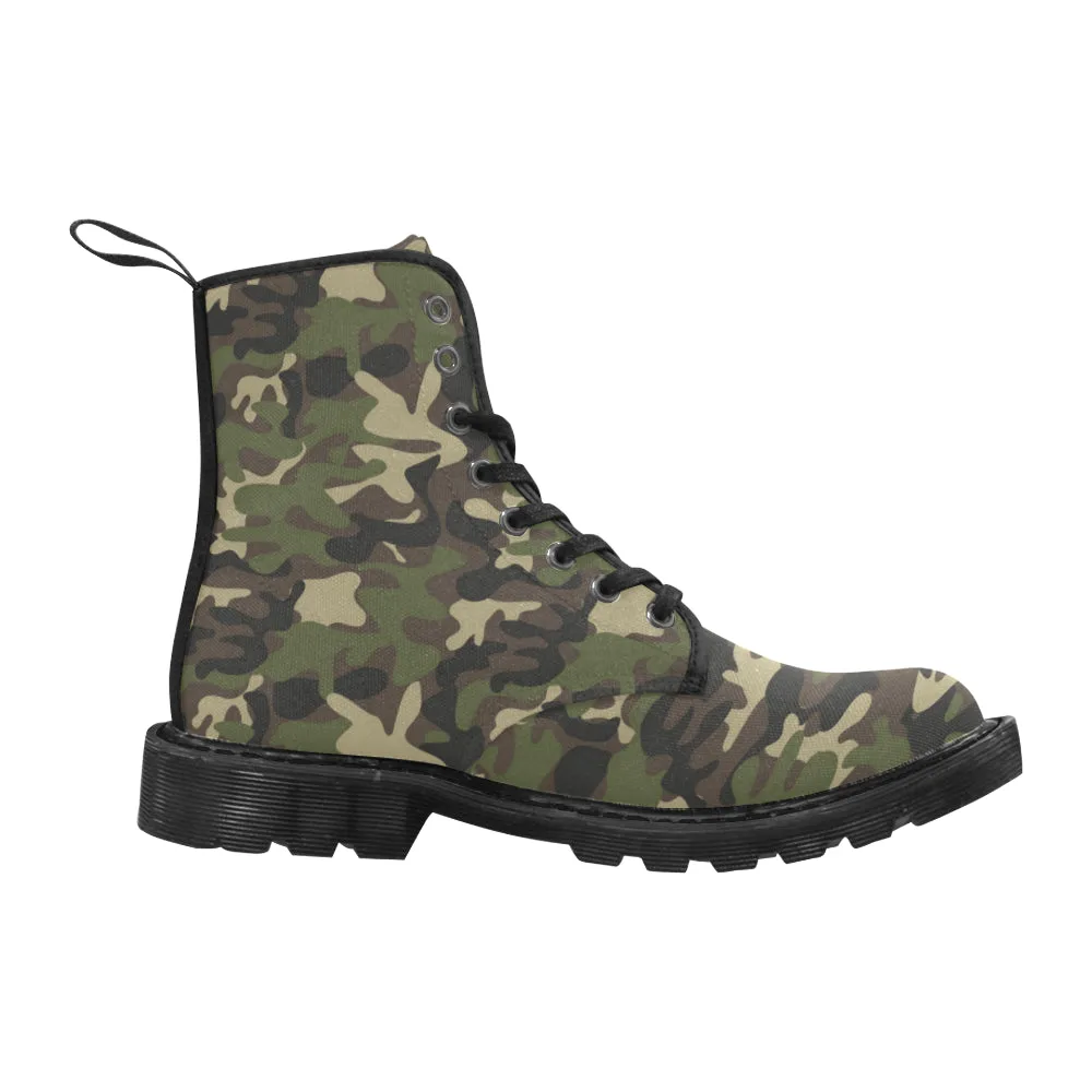 Camo Women's Boots, Green Camouflage Fatigue Vegan Canvas Lace Up Ladies Shoes Black Grey Army Print Ankle Combat Goth Casual Girls Gift