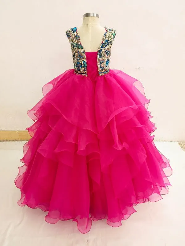 Cap Sleeve Glitzy Beaded Bodice Little Girl Charming Fuchsia Ball Gown