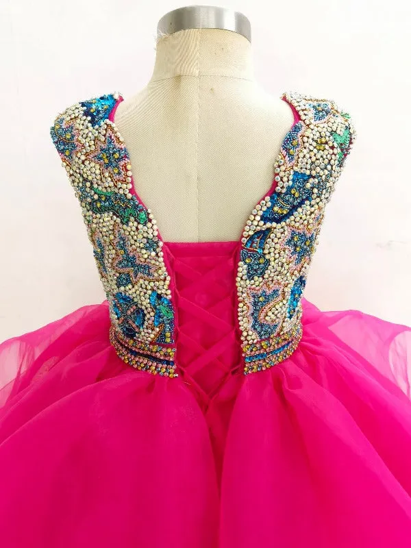 Cap Sleeve Glitzy Beaded Bodice Little Girl Charming Fuchsia Ball Gown