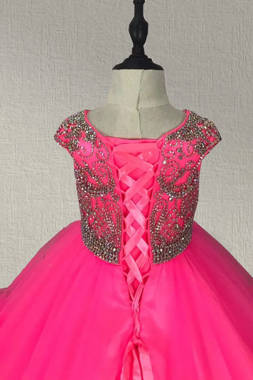 Cap Sleeve Hot Pink Little Girls Evening Gown