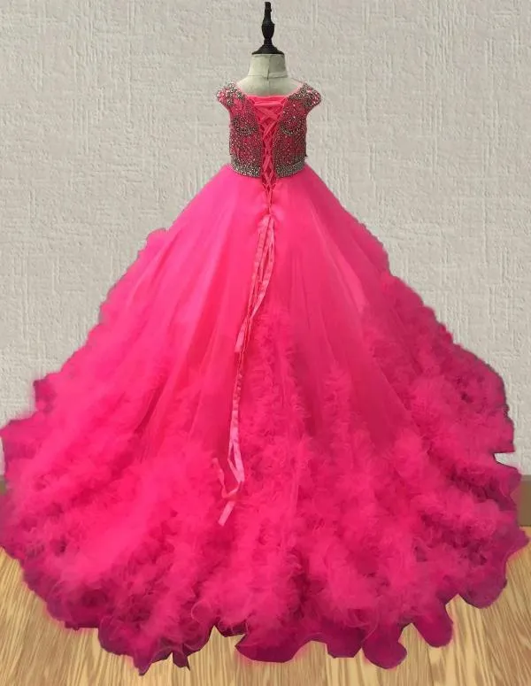 Cap Sleeve Hot Pink Little Girls Evening Gown