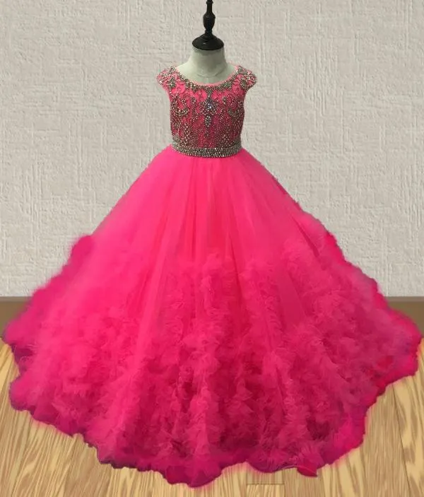 Cap Sleeve Hot Pink Little Girls Evening Gown