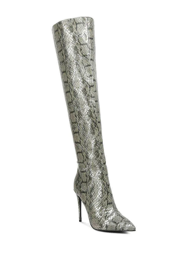 catalina snake print stiletto knee boots