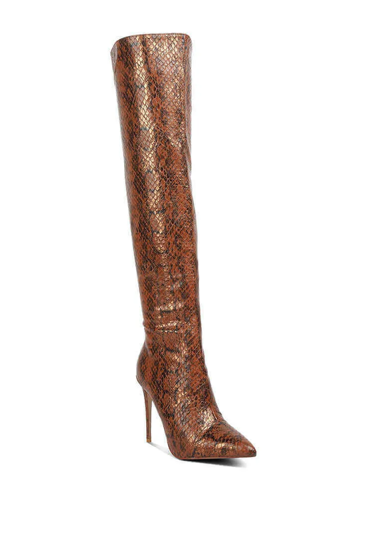 catalina snake print stiletto knee boots