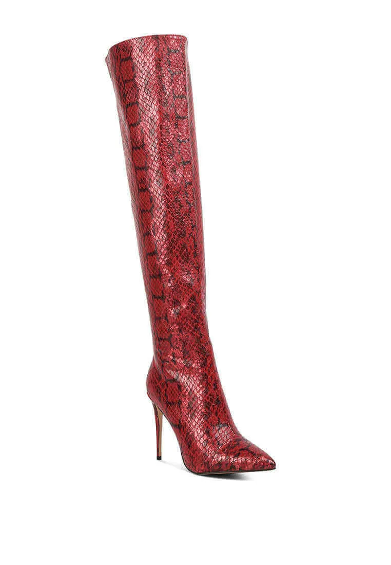 catalina snake print stiletto knee boots