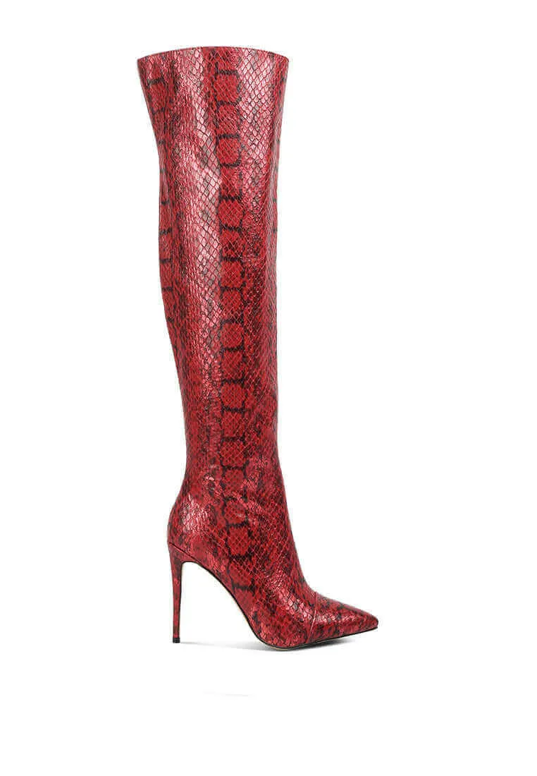 catalina snake print stiletto knee boots