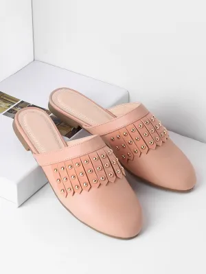 Cheap Beaded Detail Flat Mules With Fringe