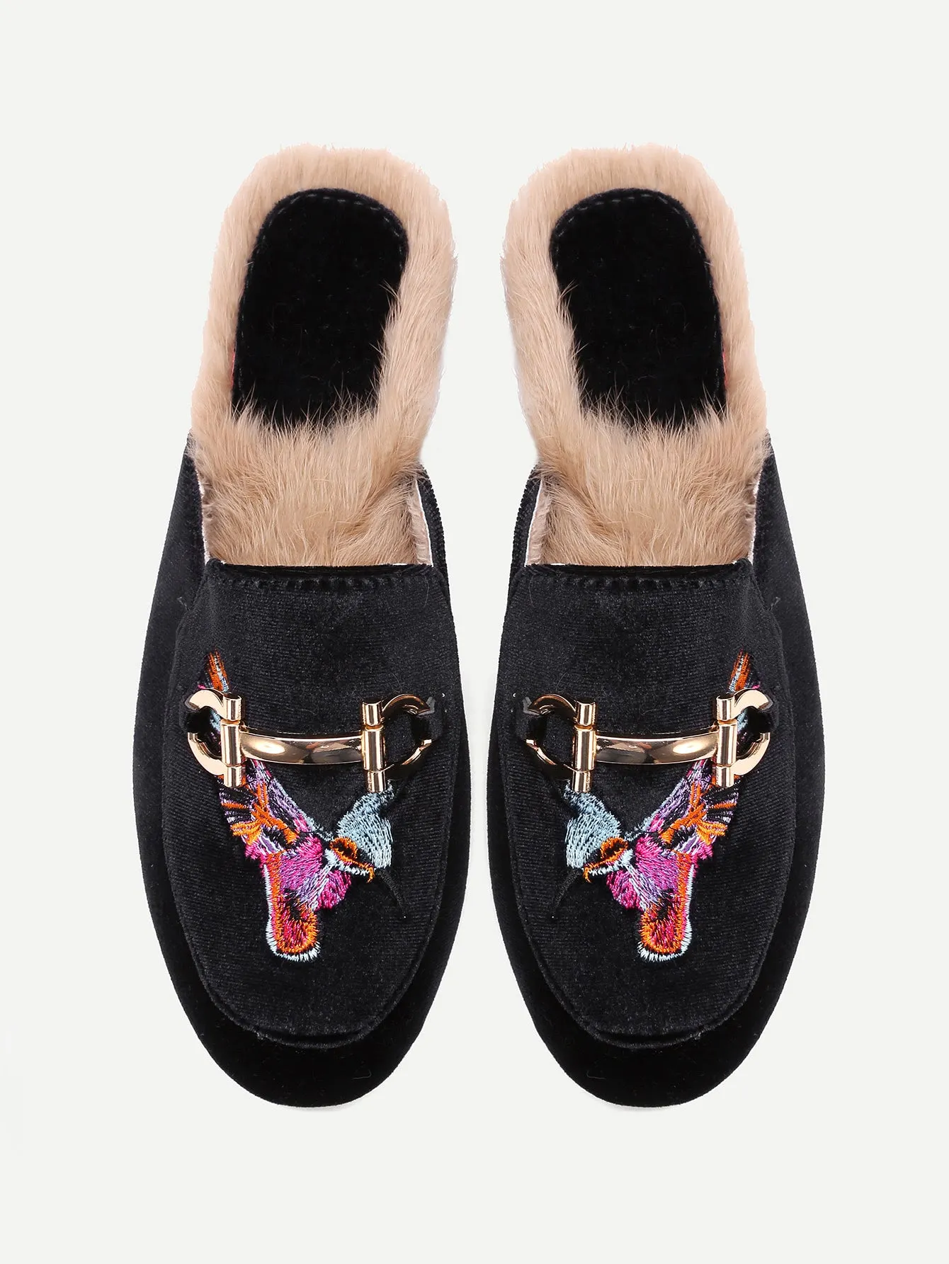 Cheap Bird Embroidery Velvet Flat Mules