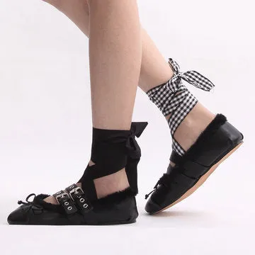 Cheap Black Lace-up Fleece Lined Flats with Buckle Fasten