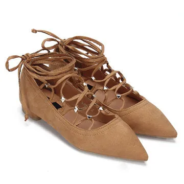 Cheap Brown Rivet Embellished Lace-up Pointed Toe Flats