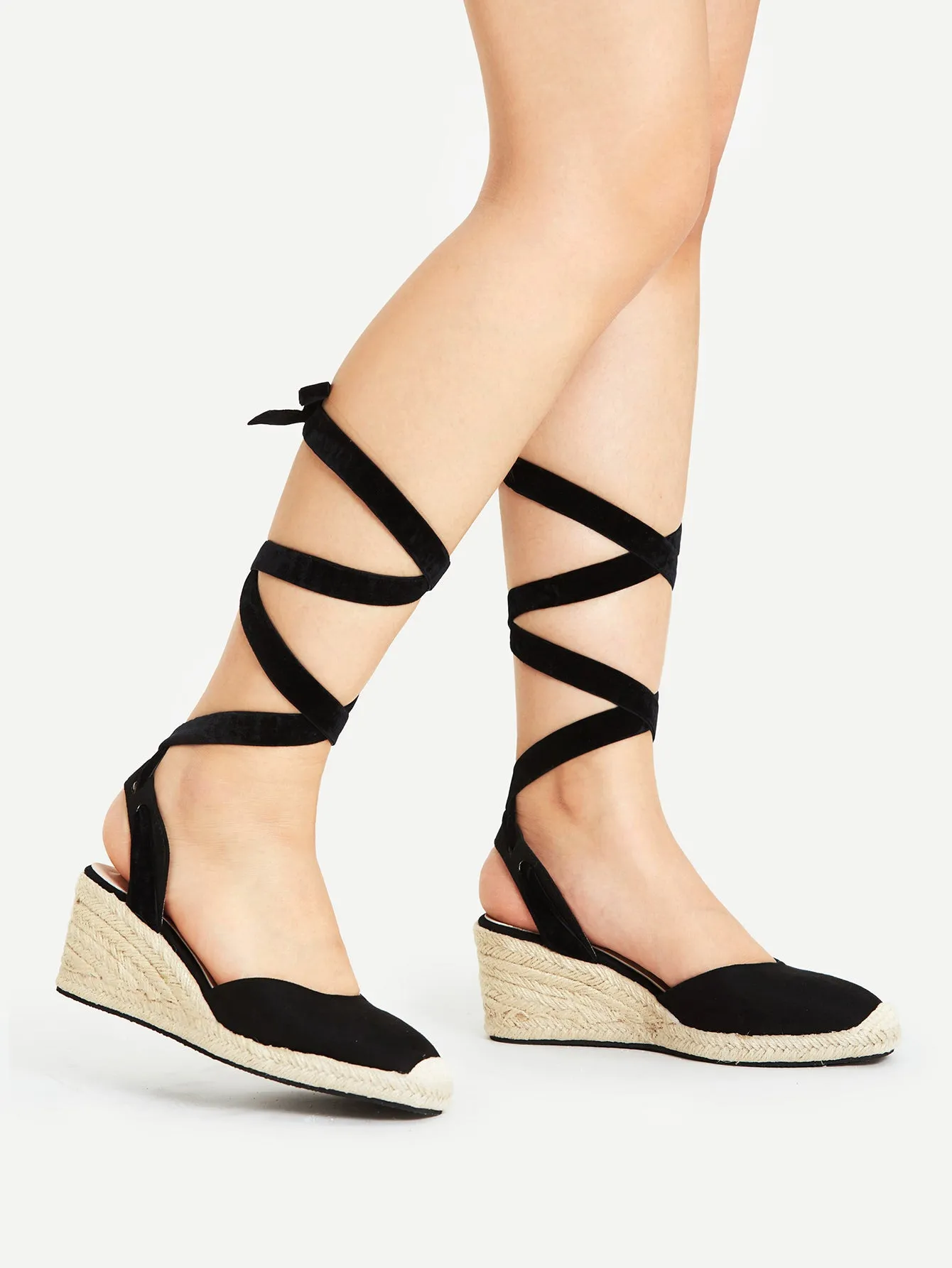 Cheap Cap Toe Tie Leg Woven Wedges