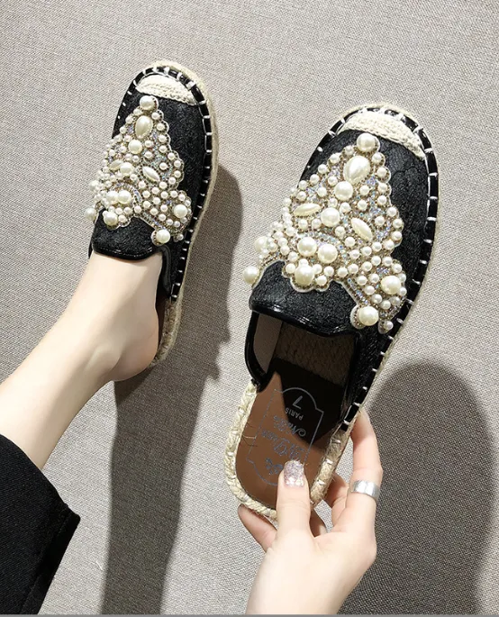 Cheap Faux Pearl Decorated Cap Toe PU Flats