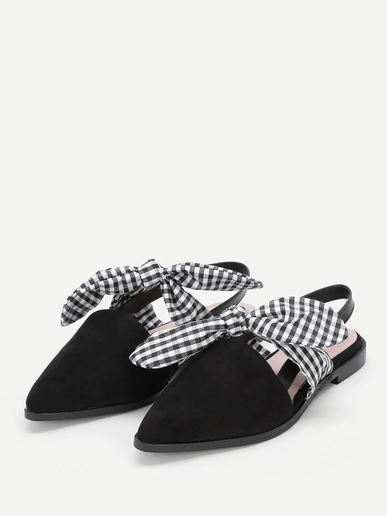 Cheap Gingham Bow Tie Decorated Pointed Toe Flats