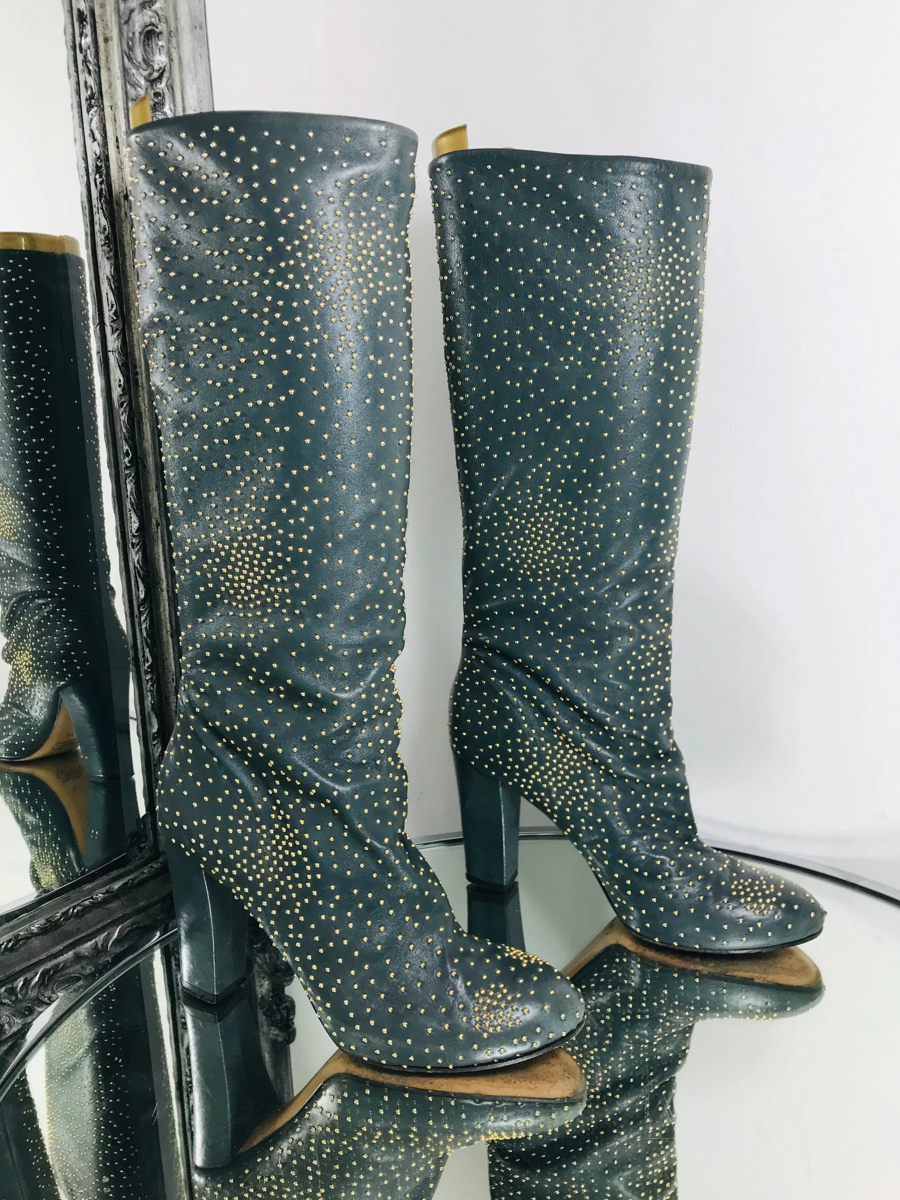 Chloe Leather Embellished Studded Boots. Size 37