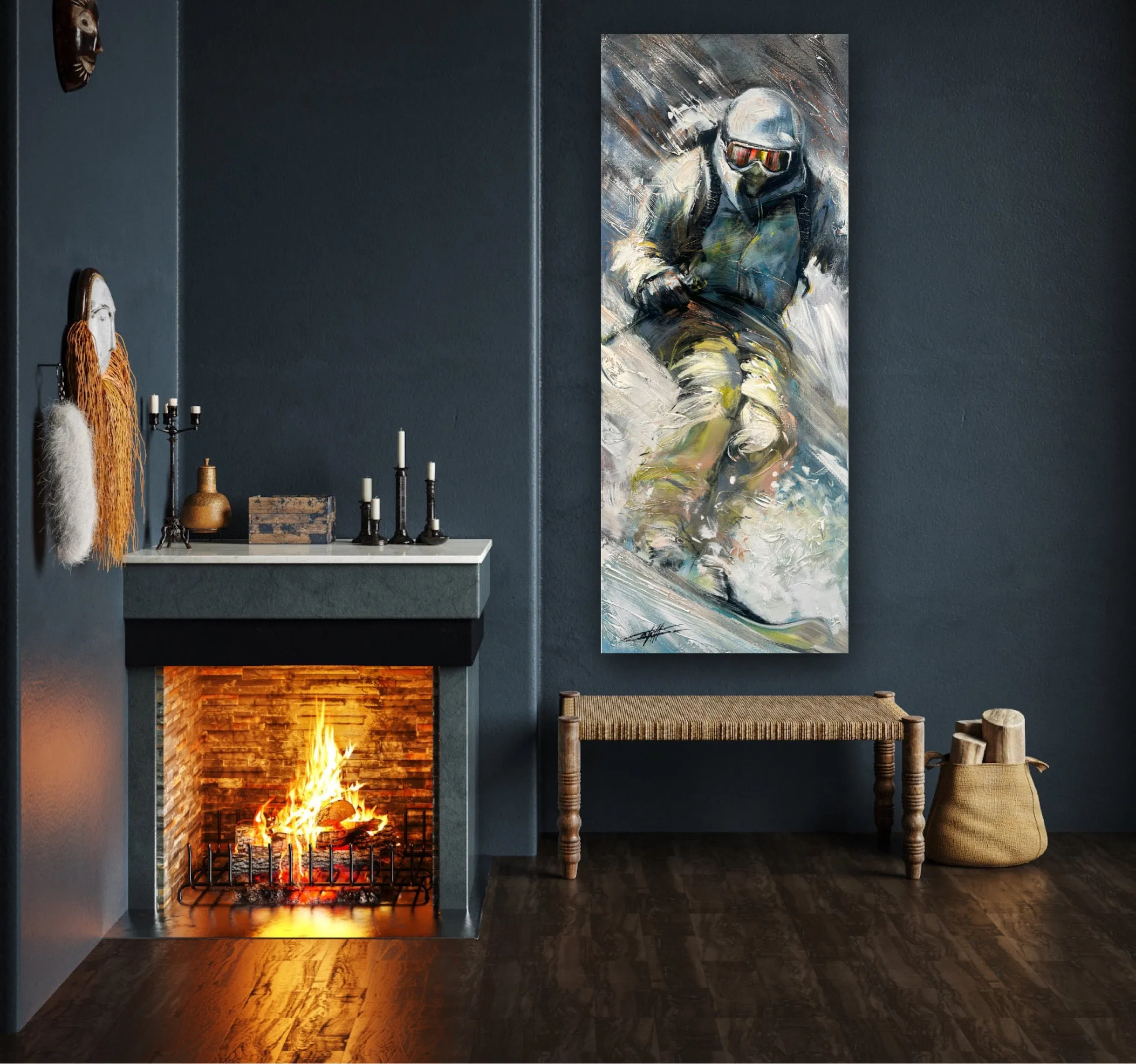 Copie de The radiant downhill, ski painting / painted  by the artist confetti, modern, trendy skiing action